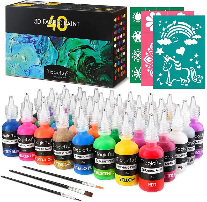Magicfly 3D Fabric Permanent Paint 40 Color, Fabric Paint with Vibrant Colors, 3 Bonus Brushes & Stencils, Ideal for Textile T-Shirts Fabrics Canvas Glass Wood (5 Color Type & 1 oz Each) - Image 1